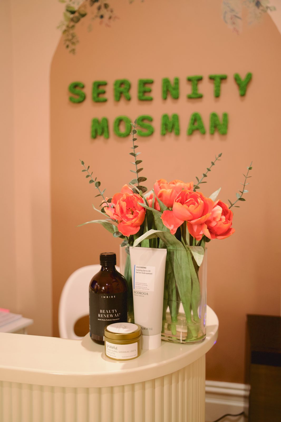 Serenity Mosman reception with flowers and products